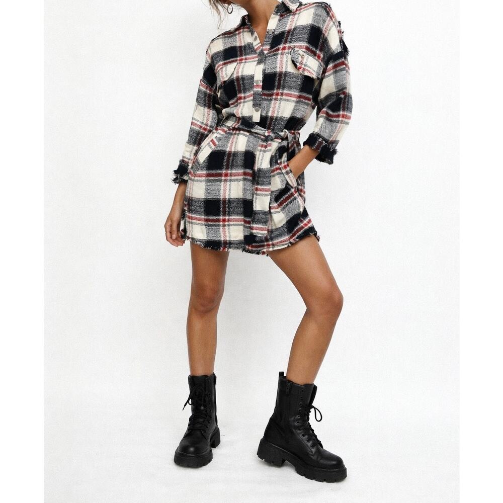 Zara Plaid Flannel Belted Mini Dress Black Red Checkered Size Small